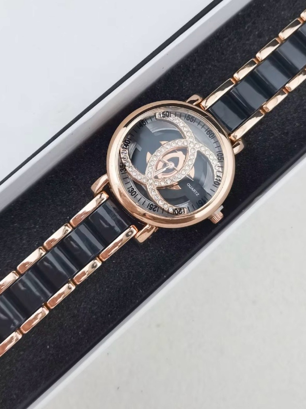 Macy's Black and Rose Gold Crystal Accent Women's Bracelet Watch - Picture 1 of 1